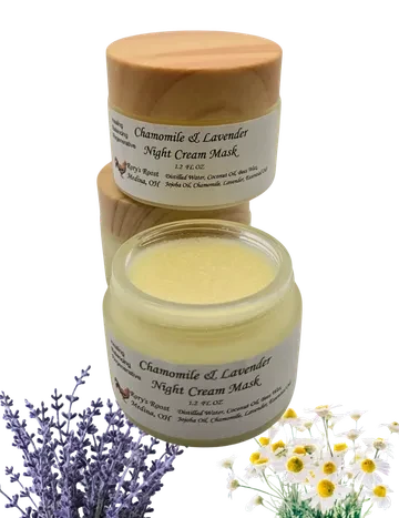 Chamomile & Lavender Night Cream Mask jars with flowers